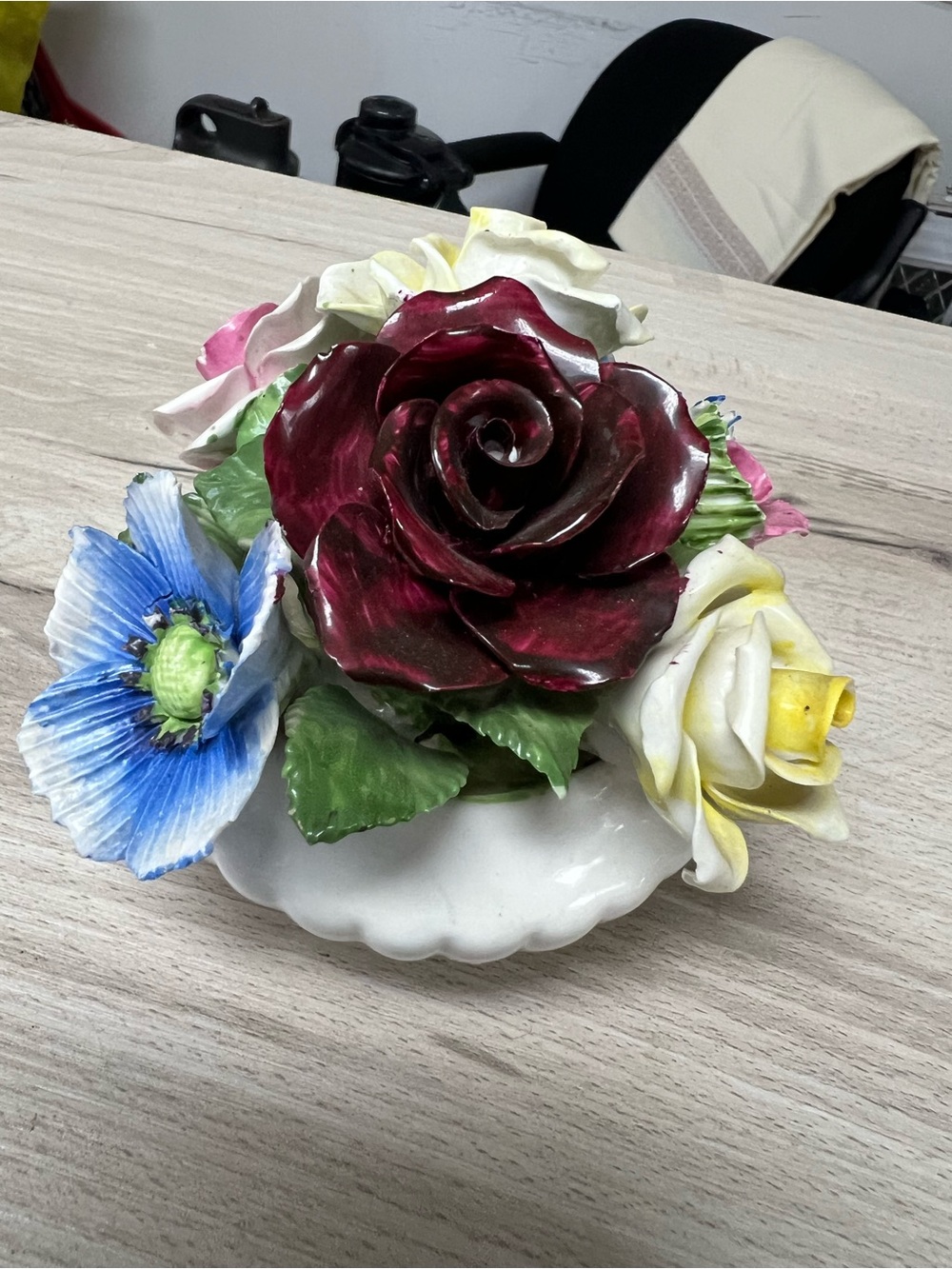Decorative Faux Floral Centerpiece with Burgundy Rose and Multicolor Blooms